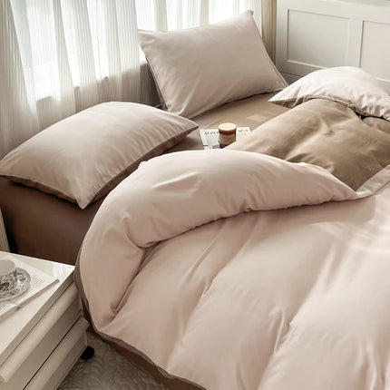Soft solid color brushed fabric bedding set with duvet cover, pillowcases, bed sheet for single, queen, or king size beds.