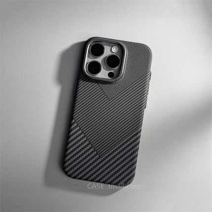 OKEYWOW iPhone 17/16/15 Pro Max relief carbon fiber MagSafe case with metal lens camera protection and hard PC cover.