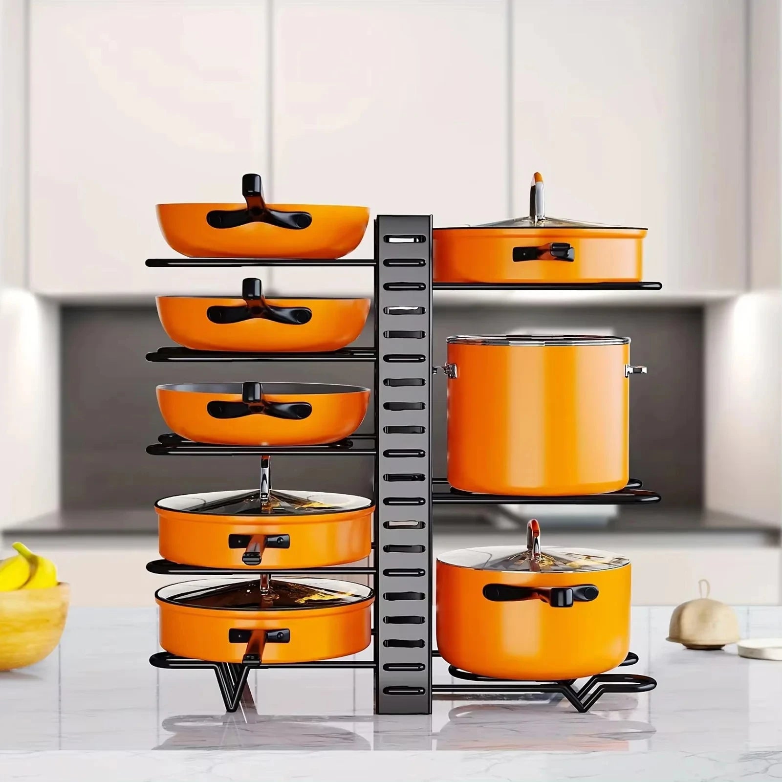 Space-Saving 8-Tier Pot Rack Organizer - Durable Metal Holder for Pans, Pots, and Lids to Keep Your Kitchen Neat and Tidy