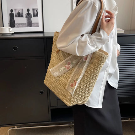 Women Woven Tote Bag Summer Large Capacity Shoulder Handbag Grass Straw Handmade Bag