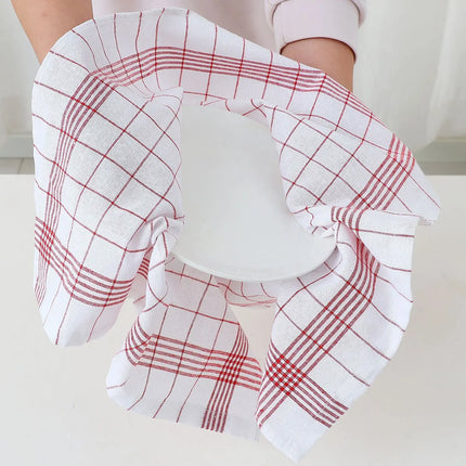 Set of five OKEYWOW classic plaid kitchen towels with soft, large cleaning cloths and scouring pads for versatile kitchen cleaning.