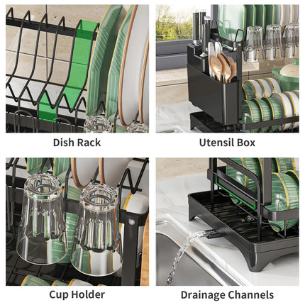 OKEYWOW 2-Tier Dish Drying Rack with Drain Tray and Cutlery Holder, Kitchen Counter Organizer for drying dishes and utensils