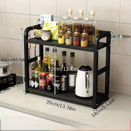 Rustproof 2-tier metal kitchen shelf by OKEYWOW, countertop organizer for coffee mugs and condiments with secure storage.