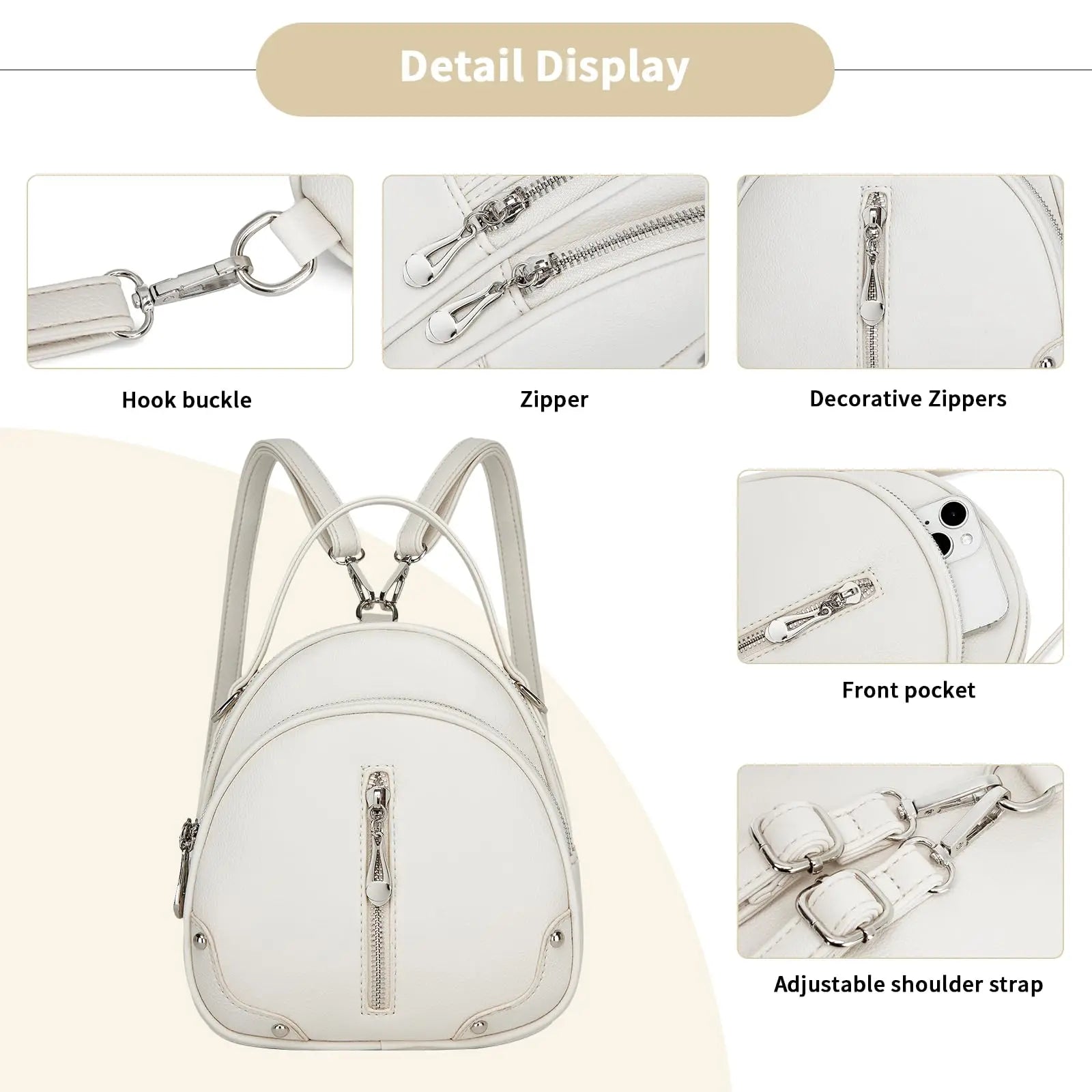 Miss Lulu Women's Waterproof Backpack - Lightweight PU Leather with 4 Zipper Pockets & Detachable Strap