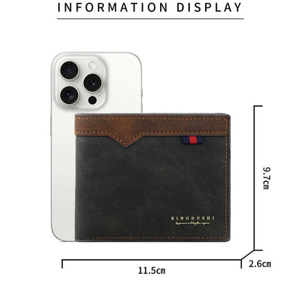 Men’s OKEYWOW bifold wallet with zipper coin pocket, large capacity, multiple slots, minimalist fashion purse, black leather design.