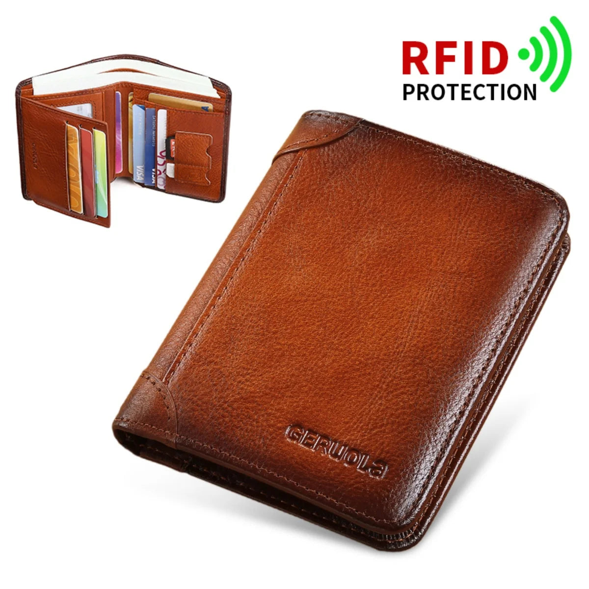 Mens bifold Wallet Genuine Leather RFID Card Holders Cowhide Zip Coin Pocket wallets for men