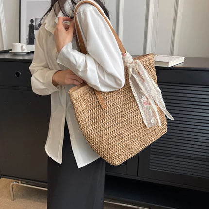 Women Woven Tote Bag Summer Large Capacity Shoulder Handbag Grass Straw Handmade Bag