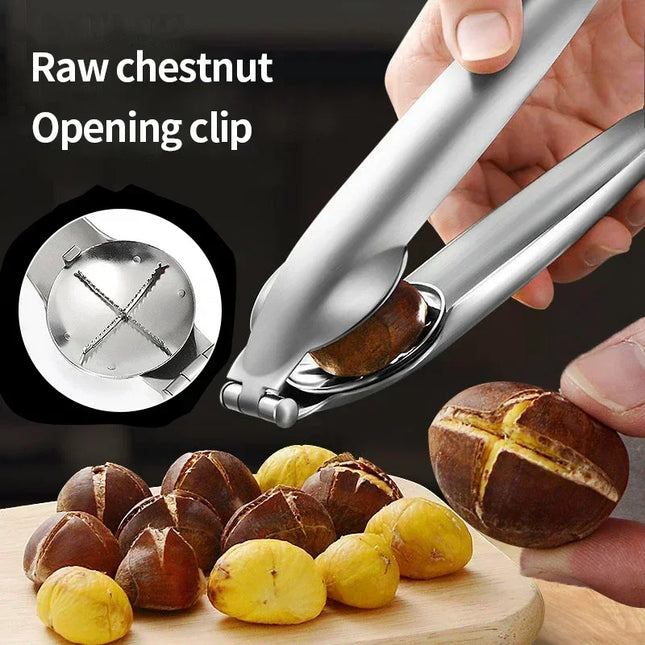 Stainless steel 2-in-1 chestnut cutter and bottle opener kitchen tool by OKEYWOW, featuring durable metal construction and ergonomic design.