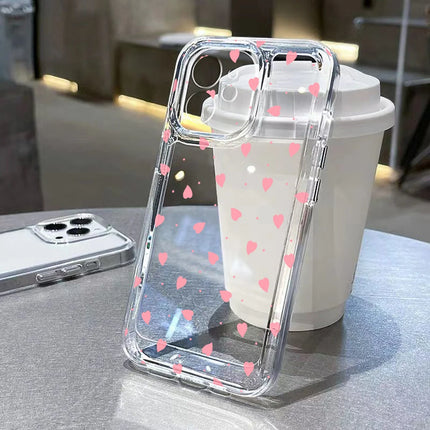Pink heart-shaped TPU shockproof iPhone case by OKEYWOW, designed for iPhone 12, 13, 14, 15, 16, 17 Pro Max, XR, XS, SE models.