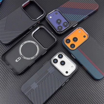 OKEYWOW iPhone 15/16/17 Pro Max carbon fiber MagSafe case with camera lens protection, hard PC cover, and magnetic design.
