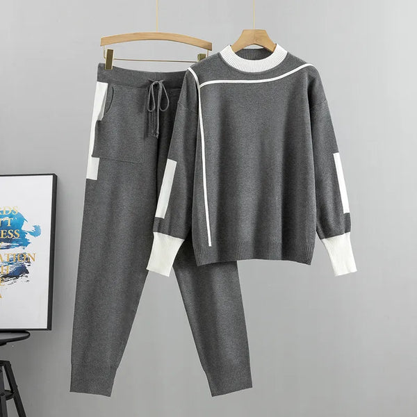 2024 Autumn Runway 2 Pieces Set Knitted Long Sleeve Pullovers Sweater Casual Patchwork Fashion Women Tops and Pants Suits Spring