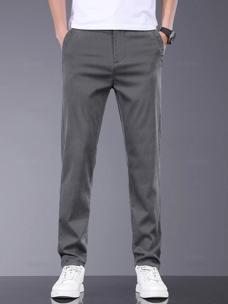 OUSSYU Brand Spring Summer Soft Stretch Lyocell Fabric Men's Casual Pants Thin Slim Elastic Waist Business Grey Trousers Male