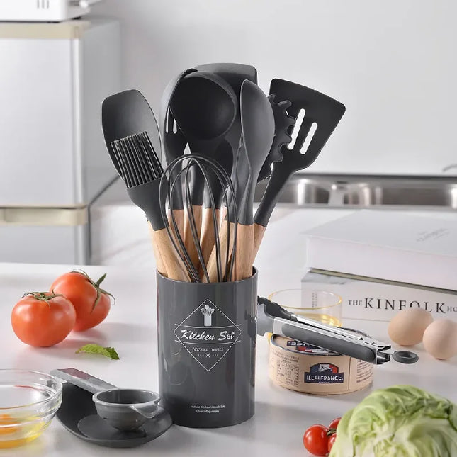 12-piece OKEYWOW silicone kitchen utensil set with non-stick spatulas and wooden handles for cooking and baking.