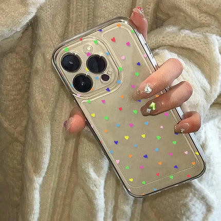 Clear heart-shaped shockproof soft phone case for iPhone 11 to 15 Pro Max by OKEYWOW, showing the transparent design and heart detail.
