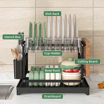OKEYWOW 2-Tier Dish Drying Rack with Drain Tray and Cutlery Holder, kitchen counter organizer for drying dishes and utensils.