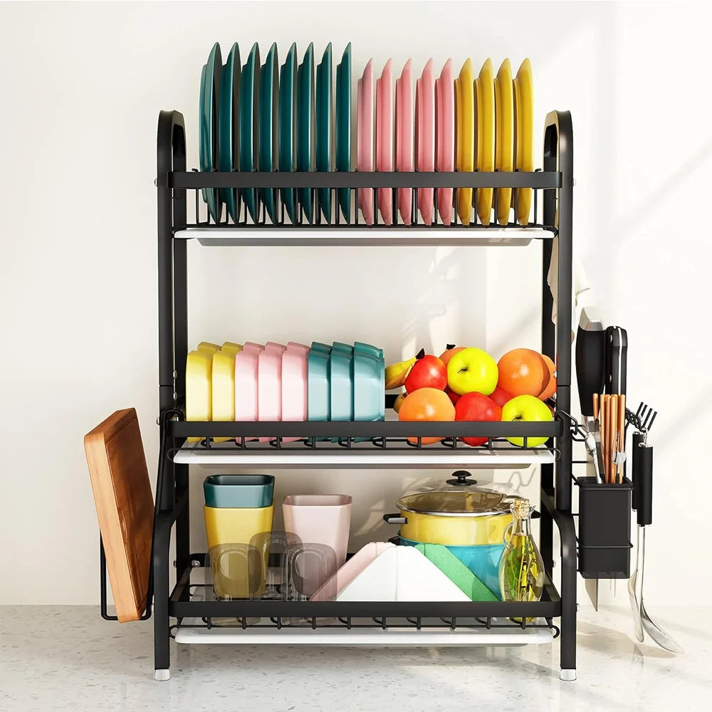 3-Tier Dish Organizer Dish Drying Rack Compact Kitchen Dish Rack Drainboard Set Large Rust-Proof Dish Drainer Kitchen Dish Drain