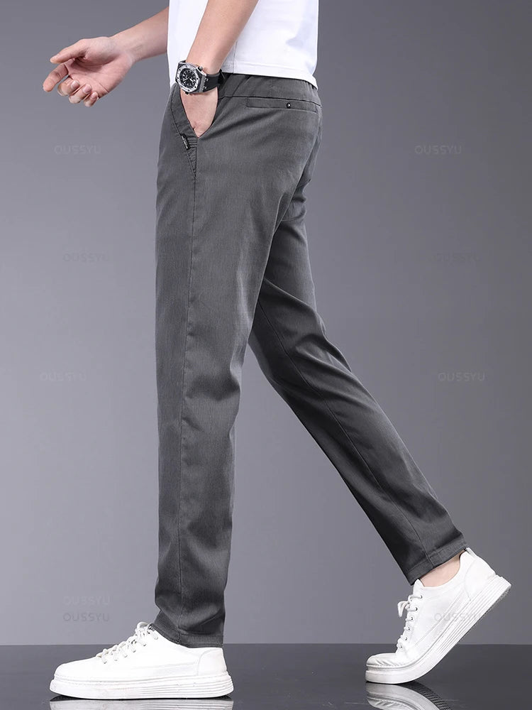 OUSSYU Brand Spring Summer Soft Stretch Lyocell Fabric Men's Casual Pants Thin Slim Elastic Waist Business Grey Trousers Male