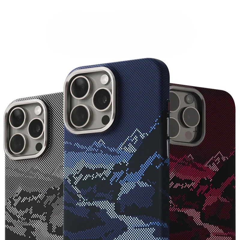 Abstract Landscape Relief MagSafe Phone Case for iPhone 16 15 14 Pro Max 16Pro Wireless Charging Alloy Lens Shield Hard PC Cover