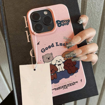 OKEYWOW iPhone cartoon dog soft leather shockproof case for iPhone 12-16 Pro Max and Plus models, featuring playful dog design.