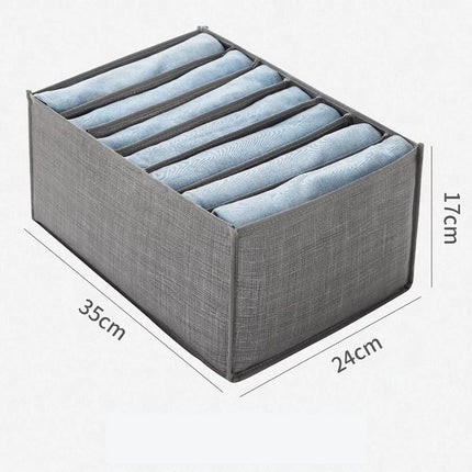 OKEYWOW clothes organizer storage box with compartments for jeans, underwear, bras, and socks in a wardrobe.