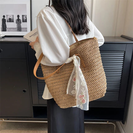 Women Woven Tote Bag Summer Large Capacity Shoulder Handbag Grass Straw Handmade Bag