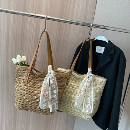 Women Woven Tote Bag Summer Large Capacity Shoulder Handbag Grass Straw Handmade Bag