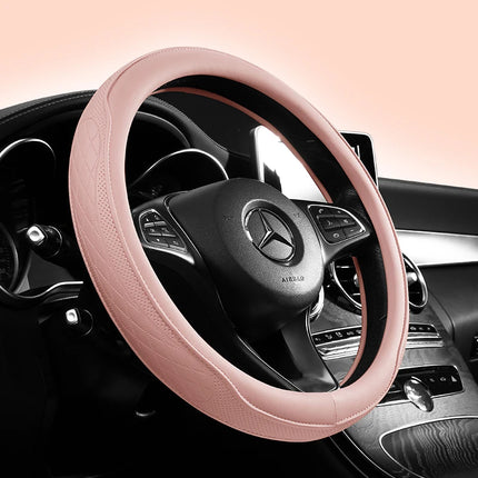 OKEYWOW Napa leather 15-inch universal steering wheel cover with perforated, breathable, non-slip design for car wheel protection.