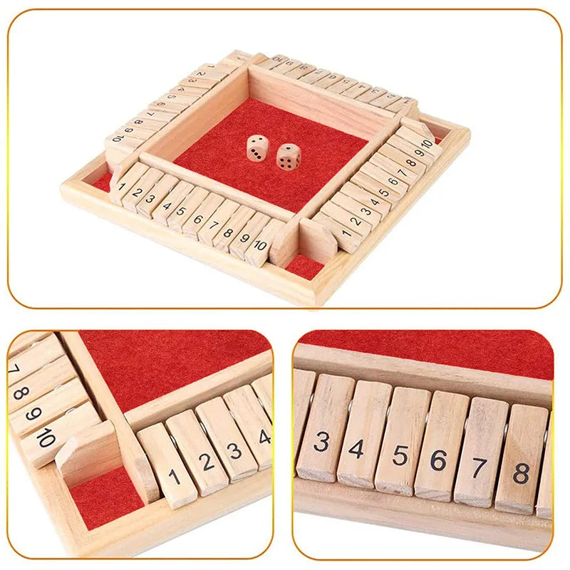 Deluxe Four-Sided Shut The Box Board Game: Set with 10 Numbers and Dice, Ideal for Party Clubs and Drinking Games for Adults and Families