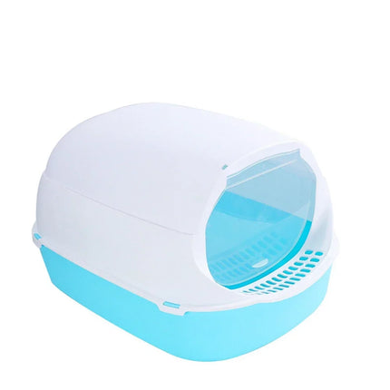 OKEYWOW kitty cat litter box with semi-enclosed splashproof design and pet toilet tray for easy cleaning and odor control.