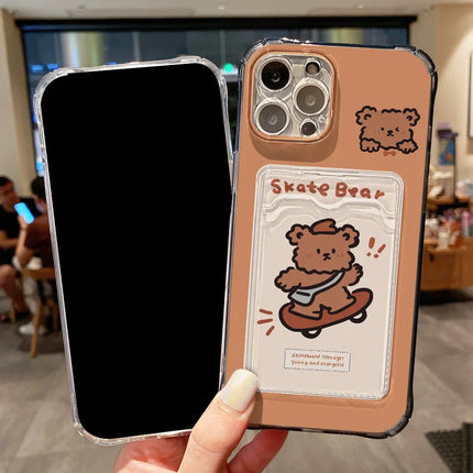 Transparent OKEYWOW iPhone bear case with card holder for iPhone 12 to 16 Pro Max, soft silicone cover with bear design.