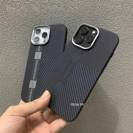 OKEYWOW carbon fiber plaid MagSafe case for iPhone 17/16/15 Pro Max with magnetic charging and camera protection.