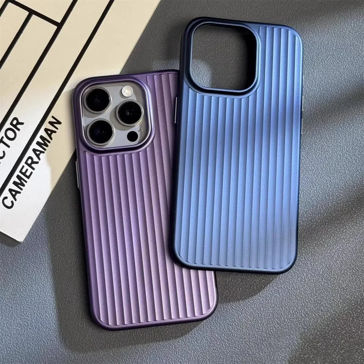 Luxury Natural Titanium PC Case for iPhone 15,16 Pro Max Plus Electroplated Grating Corrugated Hard Back Cover