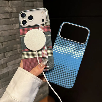 OKeyWOW iPhone 17/16 Pro Kevlar carbon fiber plaid MagSafe slim protective case showing textured black and gray plaid design