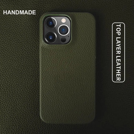 Luxury genuine leather business case for iPhone 12 to 15 Pro Max by okeyWOW, featuring a sleek, professional design and precise cutouts.