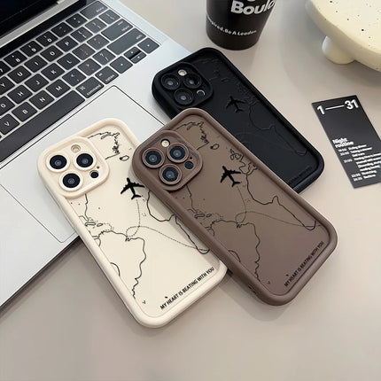 Silicone matte shockproof iPhone case with airplane route design for iPhone 12 to 16 models, by OKEYWOW.