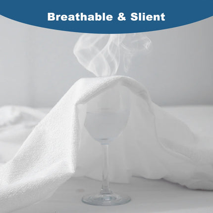 OKEYWOW waterproof terry fitted sheet mattress protector with deep pockets and breathable fabric, shown on a bed.
