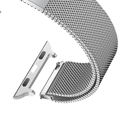 Apple Watch Milanese strap by OKEYWOW, magnetic stainless steel bracelet for Series 11-3 and SE in various sizes.