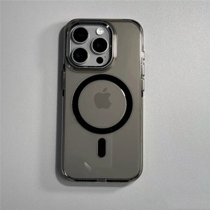 Clear shockproof alloy lens MagSafe case for iPhone 16/15/14 Pro Max by OKEYWOW, featuring wireless charging capability and transparent design.