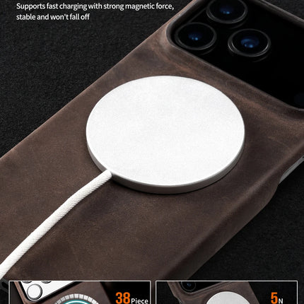 OKEYWOW MagSafe genuine leather case for iPhone 15/16/17 series with retro design and magnetic pull-up back cover.