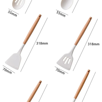 Set of 12 OKEYWOW silicone kitchen utensils with non-stick spatulas and wooden handles, ideal for cooking and baking.