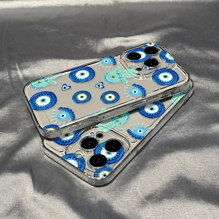 Blue Evil Eye iPhone case by OKEYWOW, shockproof soft cover with lucky eye design for iPhone 11, 12, 13, 14, 15 Pro Max, XR, XS, SE