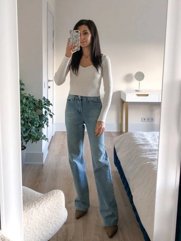 MiuKoMiYa Wide Leg Pink Jeans for Women: High Waist Gray Full Denim Pants, Straight Vintage Jean Women. 2023 Fashion Denim Trousers