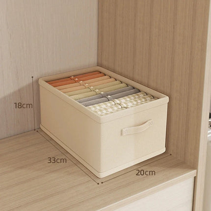 OKEYWOW jeans and underwear storage organizer box with compartments for bras, socks, and clothing organization in wardrobe.