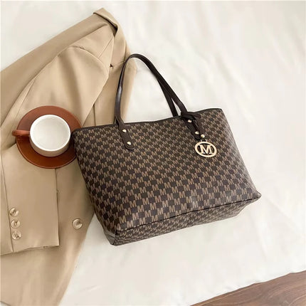 Large capacity OKEYWOW shoulder bag with letter print, luxury tote and clutch style, retro design for commuter and everyday use.