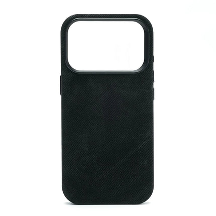 OKEYWOW iPhone Pro Max fiber leather MagSafe case with shockproof design and wireless charging compatibility, shown on the phone.