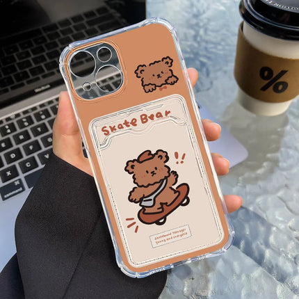 Transparent soft iPhone bear case with card holder for iPhone 12-16 Pro Max XR XS SE by OKEYWOW, featuring a cute bear design.