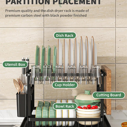 OKEYWOW 2-Tier dish drying rack with drain tray and cutlery holder, kitchen counter organizer for drying and storing dishes.