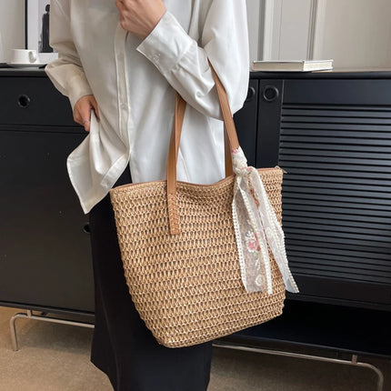 Women Woven Tote Bag Summer Large Capacity Shoulder Handbag Grass Straw Handmade Bag