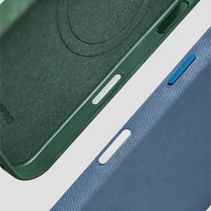 OKEYWOW iPhone Pro Max fiber leather MagSafe case with shockproof design and wireless charging compatibility, shown on a white background.