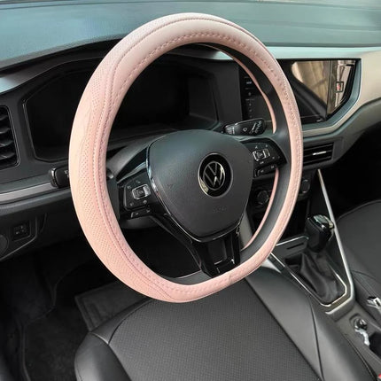 OKEYWOW Napa leather steering wheel cover, 15-inch universal perforated non-slip breathable car wheel cover, close-up view